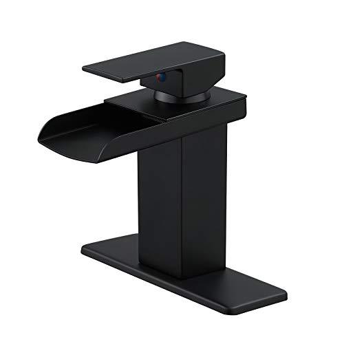 BWE Black Bathroom Faucet Waterfall Single Handle Bathroom Faucet One Hole Bathroom Sink Faucet with Supply Line Lavatory Vanity Mixer Tap Deck Mounted Matte Black