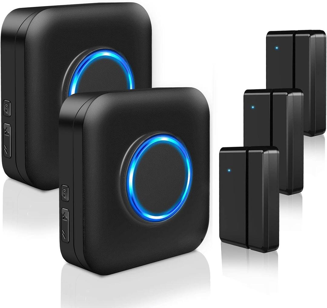 Door Chime Bistee Wireless Door Chimes When Door Open Entry Alarm 600FT Range with 58 Chimes 5 Volume Levels LED Indicator for Business/Home/Office/Stores (2 Plug-in Receiver & 3 Door Sensor)