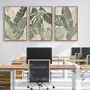 Large Framed Canvas Wall Art - Natural Float Framed Green Plantain Leaves Pictures Decor Brown Leaf Lines Painting Prints Rustic Botanical Artwork for Bedroom Living Room Decoration 60" X 28" Set of 3