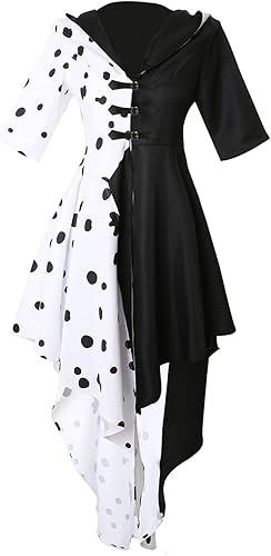 Cruella Devil Costume Women Adult Cruella Cosplay Dress Gloves Halloween Suit, 2xl