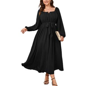 SCOMCHIC Women Plus Size Maxi Dress Long Sleeve Square Neck Wedding Guest Cocktail Belted Elegant Flowy A Line Long Dresses 2XL