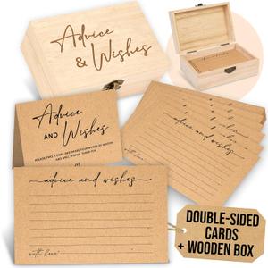 Advice and Wishes Cards Box - 50 Pcs Rustic Baby Shower Advice Cards, Wedding Advices Card for Bridal Shower, Well Wishes Box for Graduation, Christmas, Birthday Party Decorations