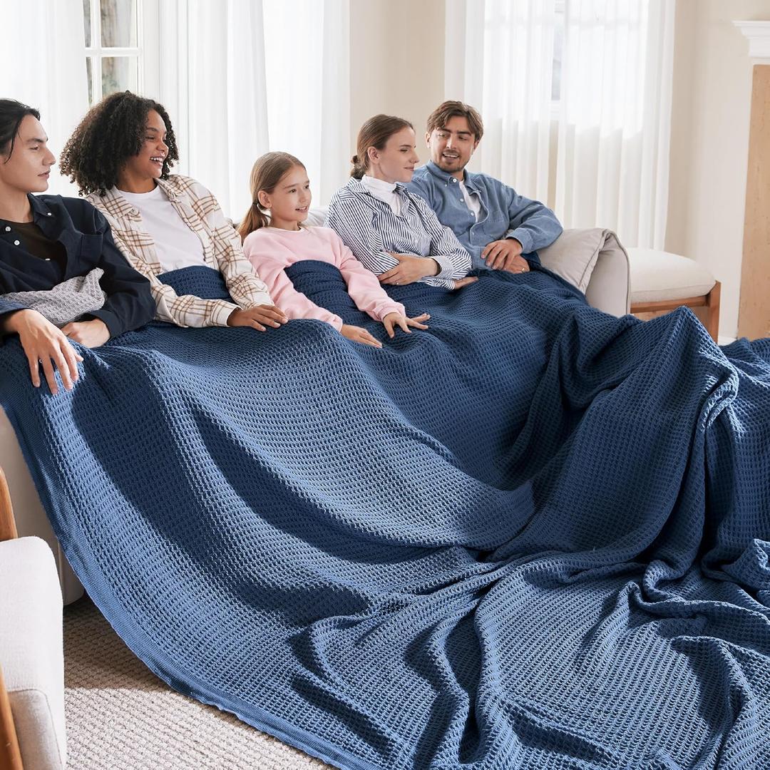 Bedsure Gentlesoft 100% Cotton Big Blanket Oversized King for Bed - Large Breathable Thick Cooling Waffle Weave Blanket for Summer, Couch Cover, Navy, 120x94 inches