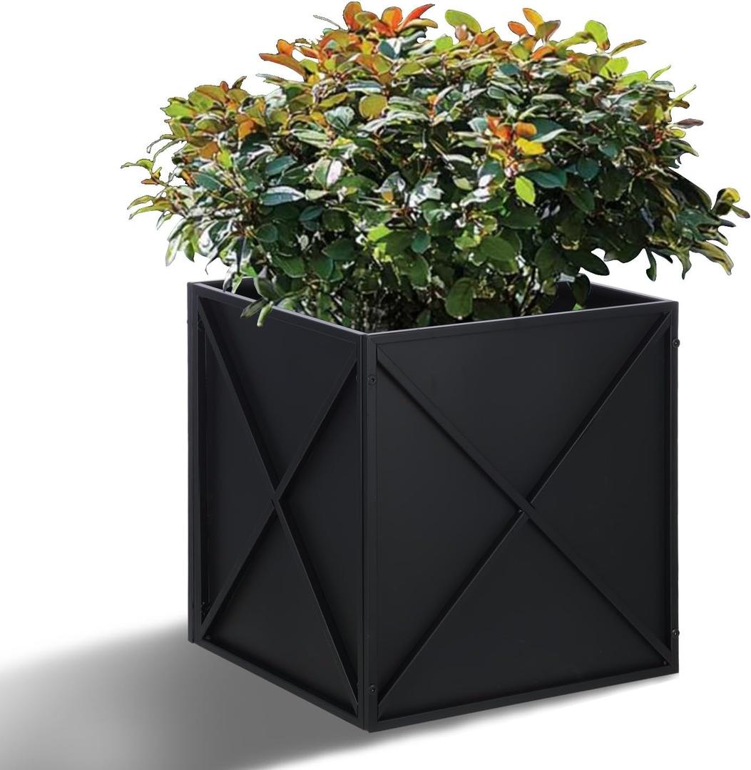 BAYN Metal Square Planter Box Tall Planters for Outdoor Plants Modern Heavy Duty with Drainage Holes for Outside Indoor Patio Deck - Black, 17x 17x 18