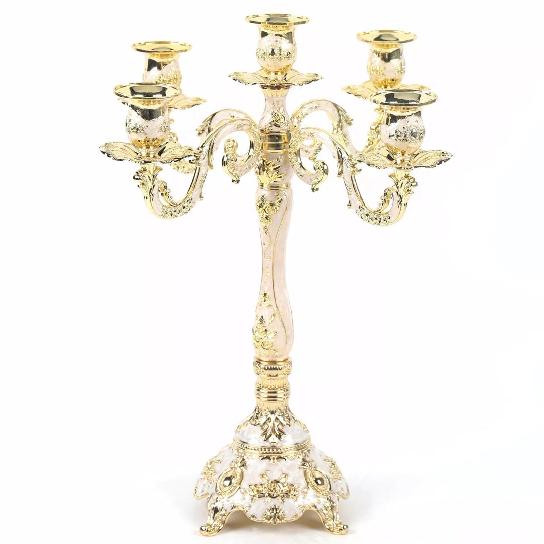 Table Candlesticks Candelabra Home Party Wedding Dining 5-Arm Candle Holder, White/Gold