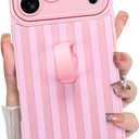 KANGHAR Compatible with iPhone 17 Pro Max Case 2025, Silicone Stripes Cute Pattern, Wristband Kickstand Camera Protection Soft Slim Cover for Girls Women -Pink
