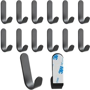 Adhesive Hooks,12 Pcs, Heavy Duty Hold 12Lbs, Stainless Steel Black Wall Hanger, Adhesive Hanger for Hanging, Metal Sticky J Strip Hooks, for Hat, Coat, Picture, Backpack, Garage
