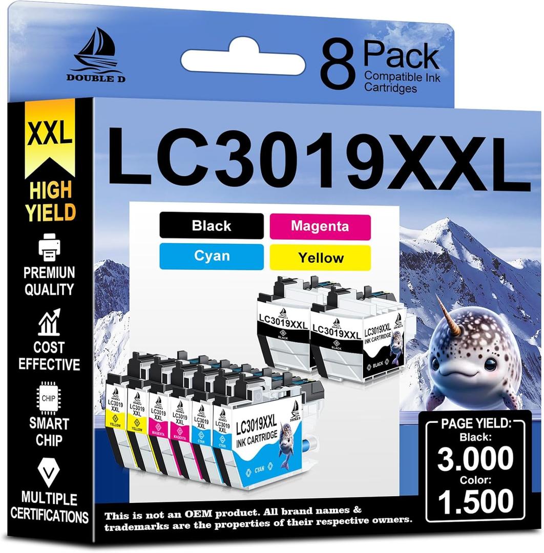 DOUBLE D LC3019 XXL Compatible Replacement for Brother LC3019 LC3019XXL Ink Cartridges Super High Yield for Brother MFC-J6930DW MFC-J6530DW MFC-J5330DW MFC-J6730DW (2BK,2C,2M,2Y) 2 Pack of 8