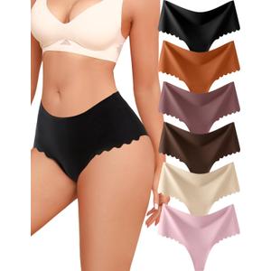 Thongs for Women High Waisted Seamless Underwear Women Wave Edge No Show Sexy Breathable Panties 6 Pack (Medium)