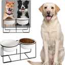 Ceramic Elevated Dog Bowl Set - Raised Double Feeding Bowls with Metal Stand - Pet Dishes for Medium and Large Dogs - 3.5 Cups - 54 fl oz - Matte White