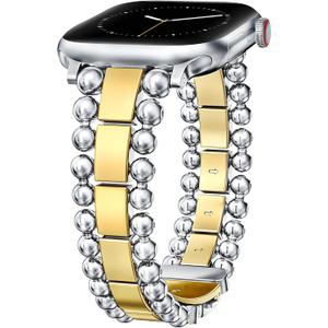 TOYOUTHS Beaded Bracelet Compatible with Apple Watch Bands 38/40/41/42/44/45/46/49mm Women, Dressy Fancy Stainless Steel Metal Elegant Jewelry Strap for iWatch Series 11 10 9 8 7 6 5 4 Ultra/SE 3 2 1 (Silver/Gold)
