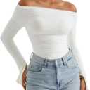 OMKAGI Women Long Sleeve Tops Boat Neck Off Shoulder Shirts Fitted Going Out Y2K Crop Top (X-Small, White)