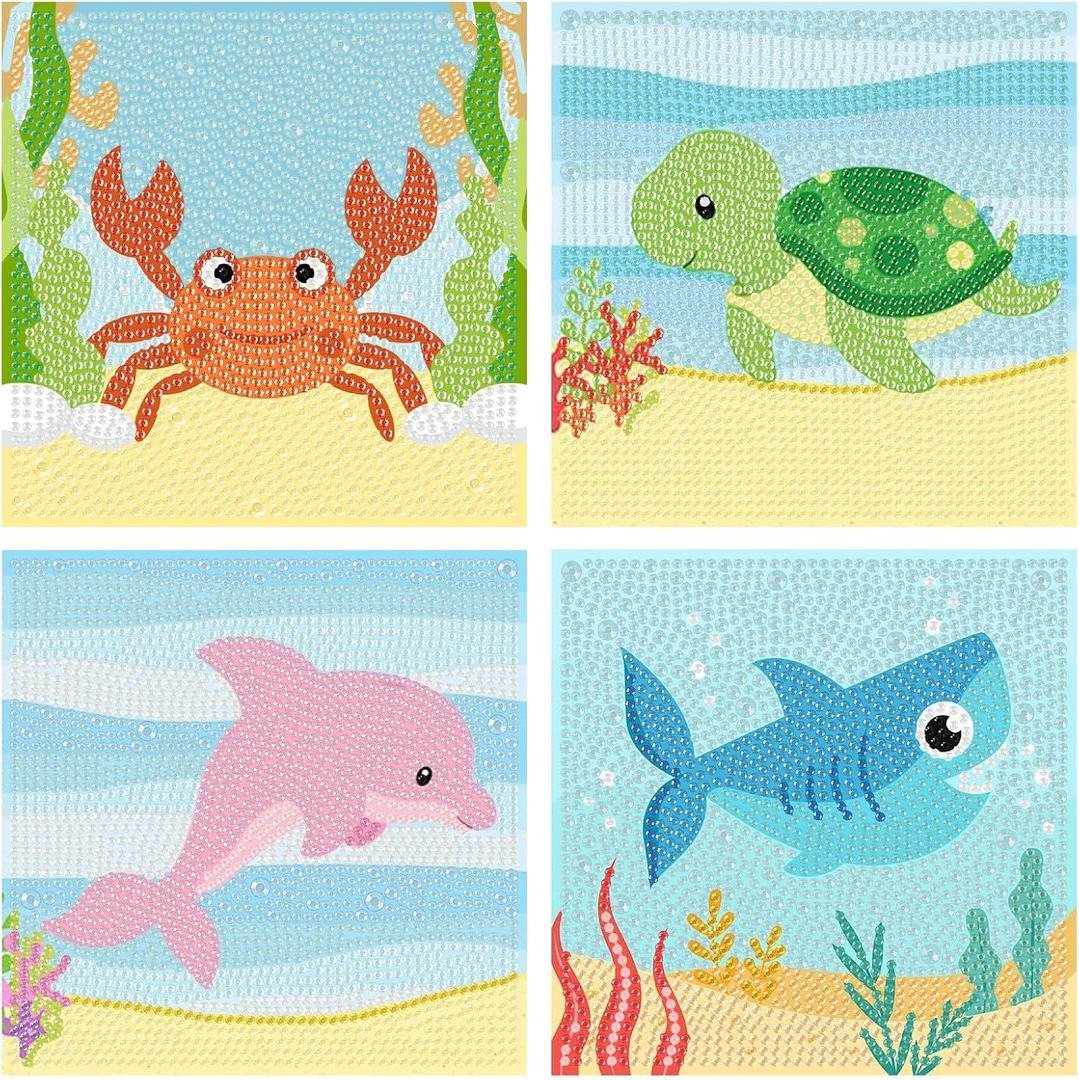 2 x Yijingtop 4 Packs Sea Turtle Diamond Art Kits for Kids,Cartoon Diamond Painting for Kids Ages 4-8-12,Cartoon Gem Kit Crafts Beginners for Gift Home Wall Decor(6x6inch)