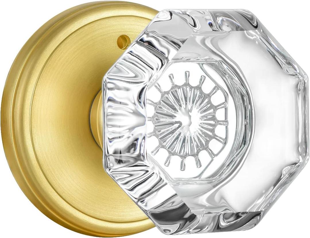 Gold Door Knob with Lock, Octagon Crystal Glass Door Knobs for Interior Door, Privacy Function Bathroom Bedroom Door Knobs Interior, Satin Brass Finish