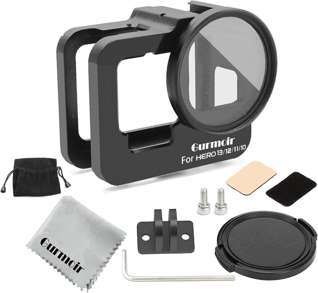Gurmoir Metal Protective Case for Go Pro Hero 13/12/11/10/9 Black, Upgraded Aluminum Alloy Back Door Housing Frame Video Cage, with 2 Cold Shoe Mount and 52mm Filter