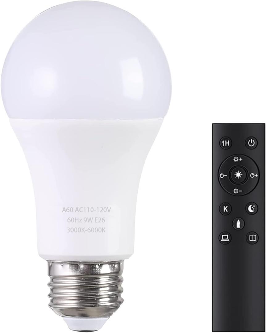 A19 LED Light Bulbs with Remote Control, 800LM 9W, 60W Equivalent LED Bulbs,Stepless Dimmable 3000K-6000K,E26 Base,CRI 80+,2.4GHz,25000+ Hours Lifespan,Light Bulb for Home Decor,1Bulb&1Remote (9W-1 Remote-1 Bulb)