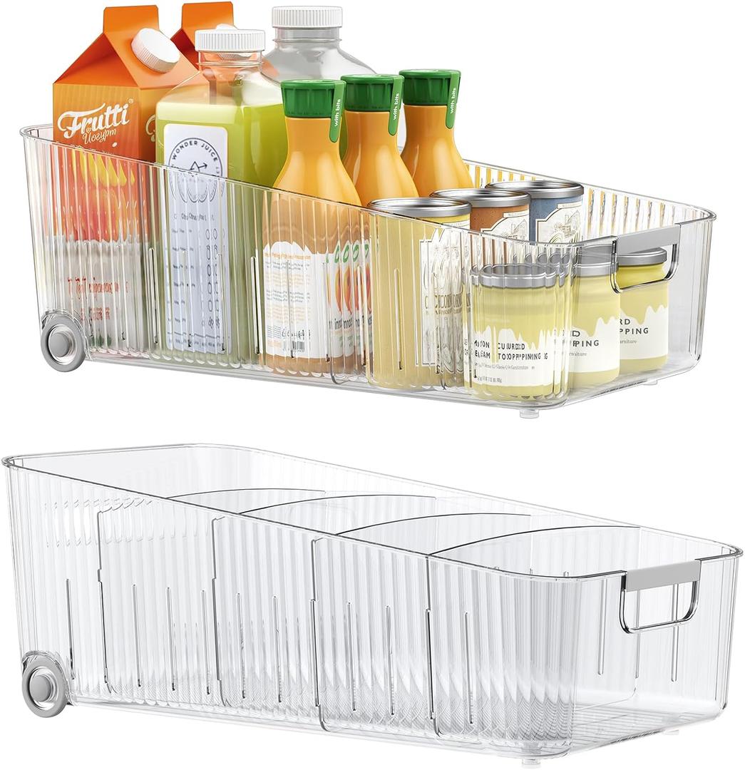 Pull Out Fridge Organizer Bins with Wheels, 8 Dividers, 2-Pack | Clear PET storage bins with handles, rear wheels and adjustable dividers for refrigerator, pantry and cabinet shelves, 15 x 8.6 x 5.63 inches
