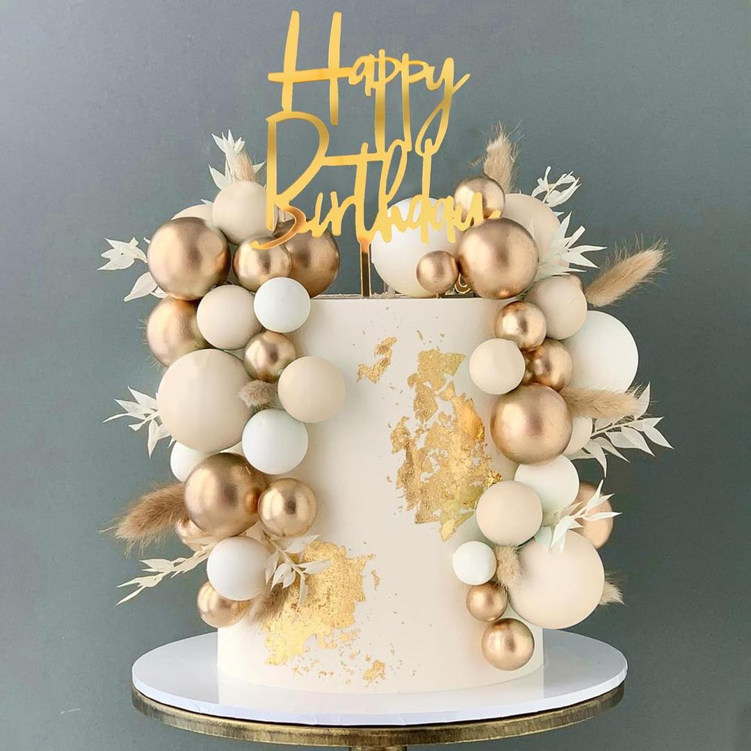 Khaki Balls Cake Topper Boho Grass Cake topper Khaki White Gold Pearl Balls Happy Birthday Cake Decorations for Wedding Birthday Boho Themed Supplies (Khaki)