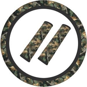 Camouflage Forest Steering Wheel Cover Elastic Non-Slip Car Steering Wheel Covers with Seat Belt Shoulder Pad for Women Men