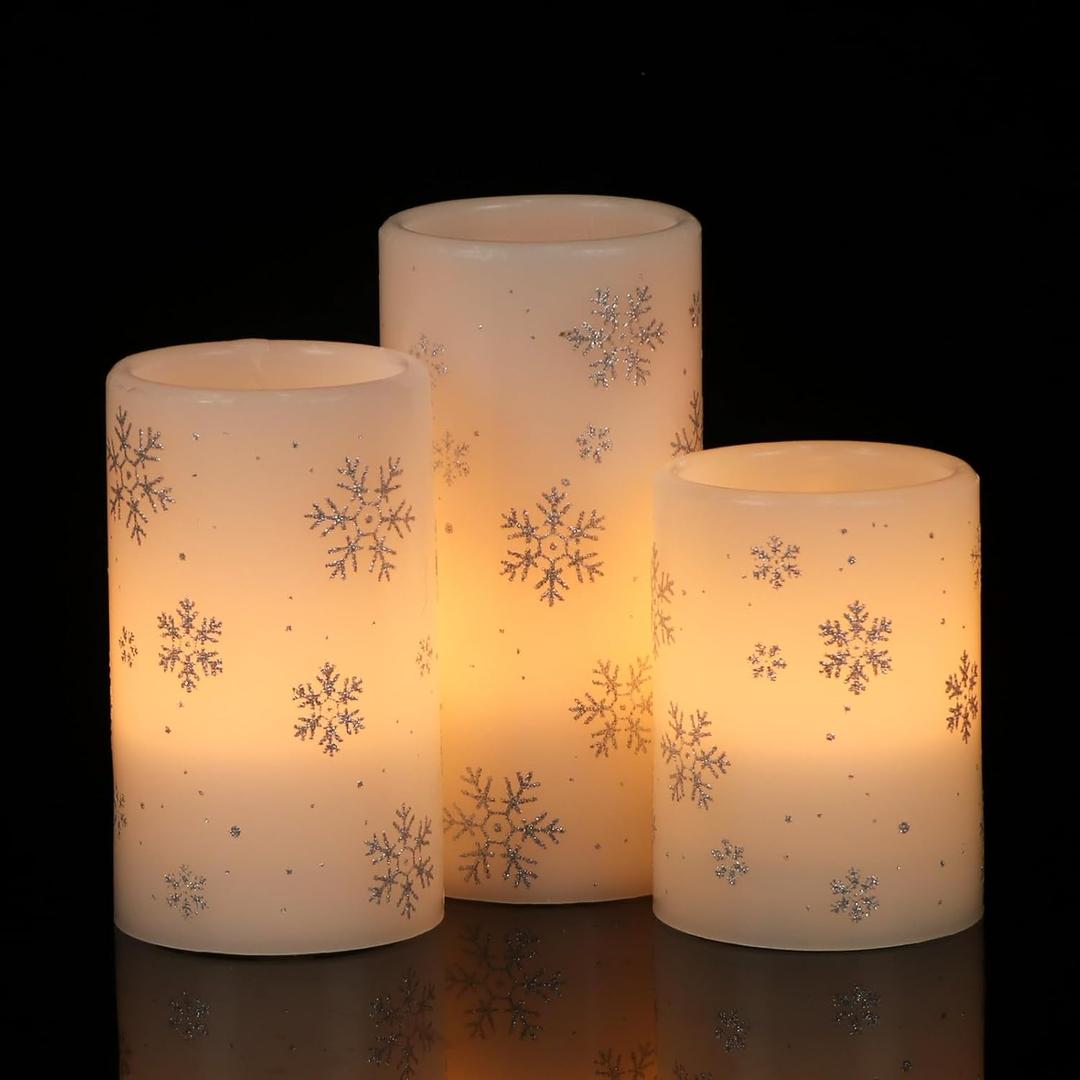 DRomance Silver Snowflake Flameless Flickering Candles Battery Operated with 6H Timer, 3 Pack Real Wax Warm Light LED Pillar Candles Dinner Tabletop Holiday Centerpiece Decor 3" x 6"