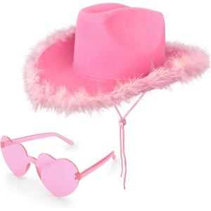 Pink Cowboy/Cowgirl Hat with Heart Shaped Sunglasses, Feather Boa, and Felt for Party Costumes, Dress Up, Cowboy Themed Events, Bachelorette Parties, Unisex, All Ages
