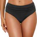 Tempt Me Women Mid Rise Bikini Bottoms Full Coverage Swimsuit Ruched Scrunch Swim Bottom (Large, Black)