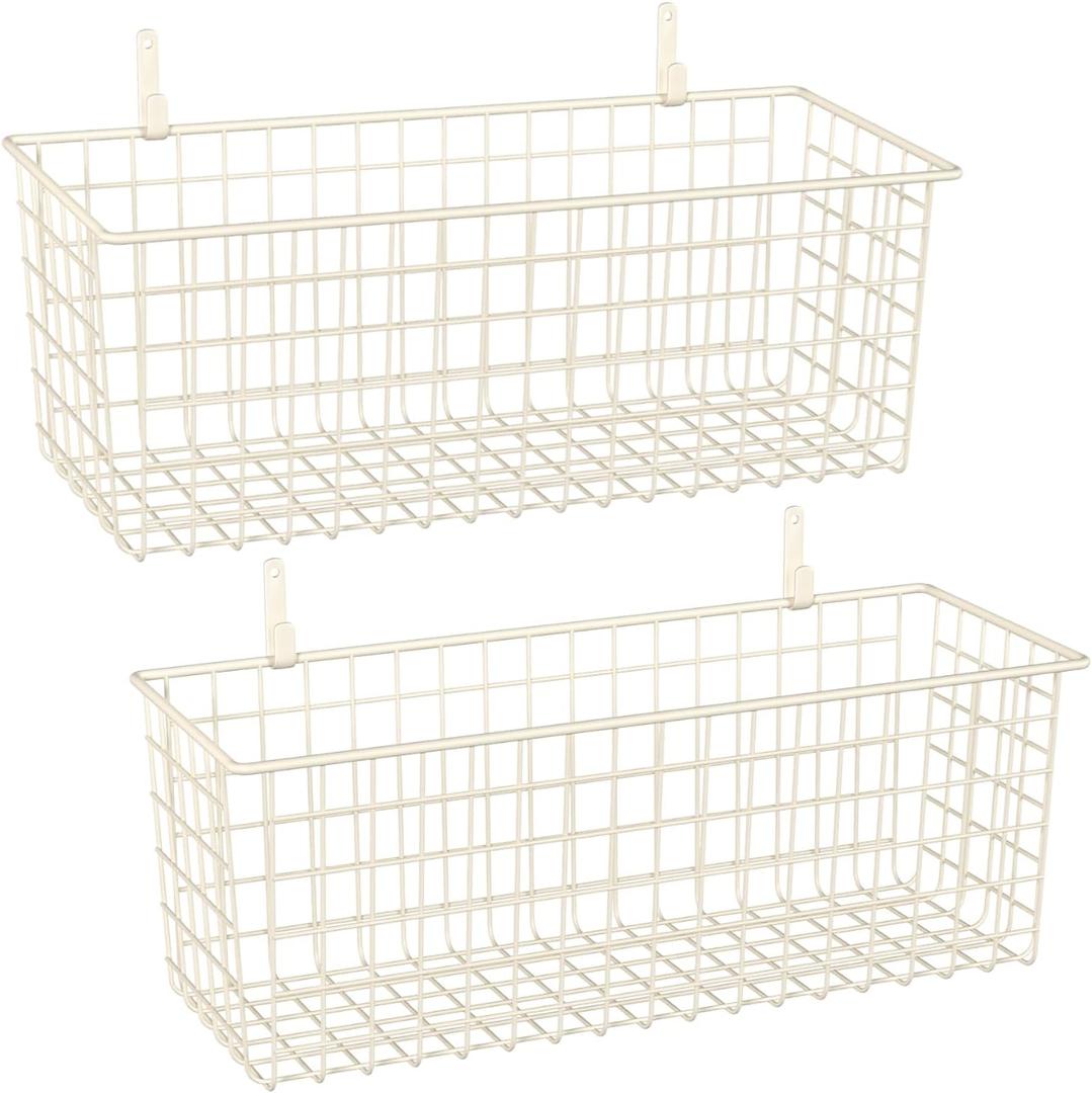 2 Sets Extra Large Hanging Wall Basket, White Metal Wire Baskets with Steel Hooks for Organizing, WallmountedFruit Vegetable Toy Snack Storage, Home Kitchen Bathroom Laundry Pantry Organizer