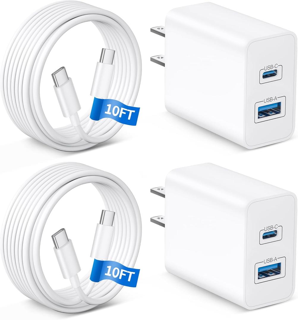 WODENTA iPhone 17 Charger, 2-Pack 45W Fast Charging Dual Port Type C Power Adapter, USB C Charger Block for iPhone 17/17 Pro/17 Pro Max/Air/17e/16/15 Pro Max/Plus, iPad with Long 10FT USB-C Cable Cord (White)