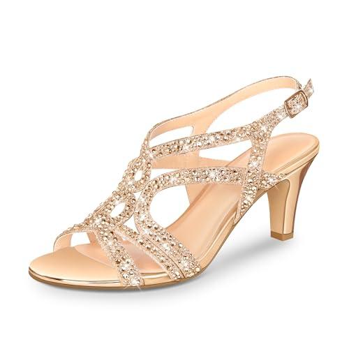 PIZZ ANNU Women's Amelia Heels Sandals Sparkle Crystal Open Toe Slingback High Heel Sandals Dress Pumps Shoes for Party Wedding, Champagne 11