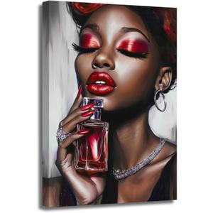 ZSHARTSWD African American Wall Art Black Women with Perfume Picture Fashion Black Girl Portrait Canvas Print Sexy Lips Painting Bedroom Bathroom Decor Framed (Red, 20L x 16W)