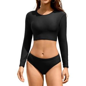 Cromi Long Sleeve Swimsuit for Women Two Piece Rash Guard Bikini Set with Crop Top and Mid Rise Bikini Bottoms (Black, M)