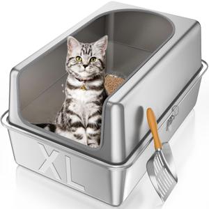 Enclosed All Stainless Steel Cat Litter Box with Lid,XL Metal Litter Box for Big Cats,Extra Large Litter Boxes with High Wall Sides Enclosure,Anti-Leakage,Odor Control,Non-Sticky,Easy Cleaning (23.6''L15.7''W12''H)
