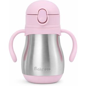 Bakpoco Stainless Steel Sippy Straw Cup for Toddlers 13 Years Old, Insulated Toddler Water Bottle Baby Training Tumbler with Handles, 8oz Kids Straw Cups for Travel, Daycare & At Home, Pink