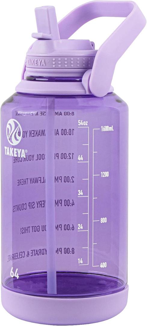 Takeya Tritan Motivational Water Bottle with Straw Lid - Durable, BPA-Free - With Time Marker - Leakproof & Non-Slip Bumper - 64 oz, Vivacity Purple