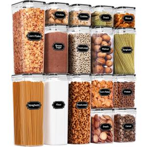 PRAKI Airtight Food Storage Containers Set, 16 Pcs BPA Free Plastic Dry Food Canisters for Kitchen Pantry Organization and Storage Ideal for Cereal, Flour & Sugar - Labels, Marker(Black)