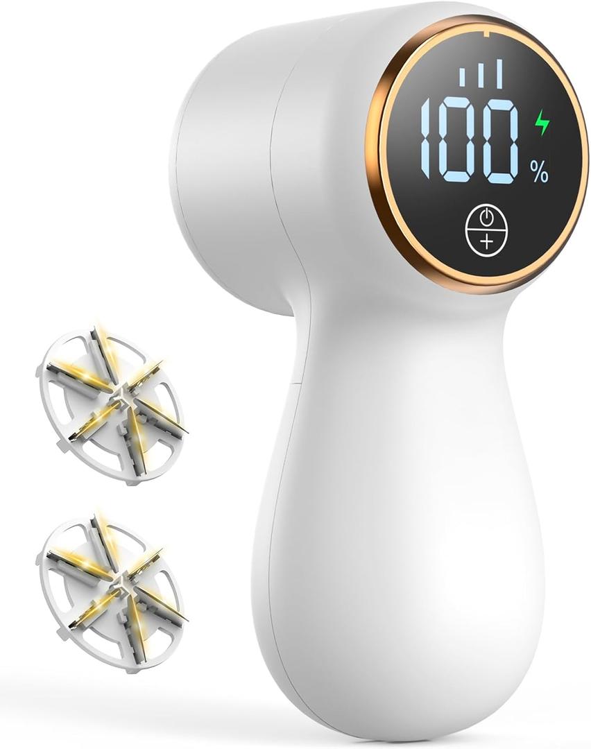 Rechargeable Fabric Shaver Lint Remover, Sweater Shaver with 3-Speed Control, LED Display Clothes Shaver, 6-Leaf Stainless Steel Blades, Suitable for Clothes, Sweater, Couch, Blanket, Wool (White)