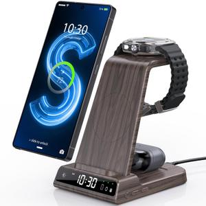 Wireless Charger for Samsung Charging Station with Clock for Samsung Galaxy S25 Ultra/S24 Ultra/Z Flip 6/Fold 7/Bud, 3 in 1 Charger Station Watch Charger for Samsung Galaxy Watch 8/7/6/5(Wood Grain)