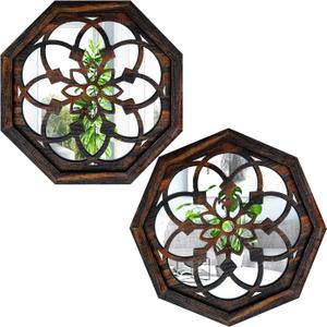 2-Piece Octagon Wall-Mounted Mirrors,Vintage Farmhouse Mirror for Wall Decor,Caramel Color Decorative Accent Mirror for Foyer, Bathroom, Bedroom. (12x12)