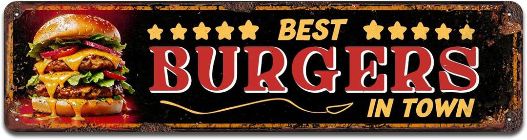 Best Burgers in Town Metal Sign - Large Vintage Diner Sign for Kitchen, Dining Room or Man Cave, 4 x 16 Inch