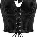 WDIRARA Women's Lace Up Front Denim Halter Tops Deep V Neck Tie Back Smocked Sleeveless Crop Top (Medium, Black)