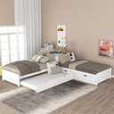 Merax L-Shaped Platform Bed with Trundle, Drawers and Built-in Desk, Wood Bed for Teens, L Shaped Twin Bed, White