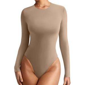 REORIA Women's Long Sleeve Body Suits Crew Neck Slim Double Lined Basic Layering Bodysuits Fall Going Out Tops Winter Outfits 2025(Khaki XL