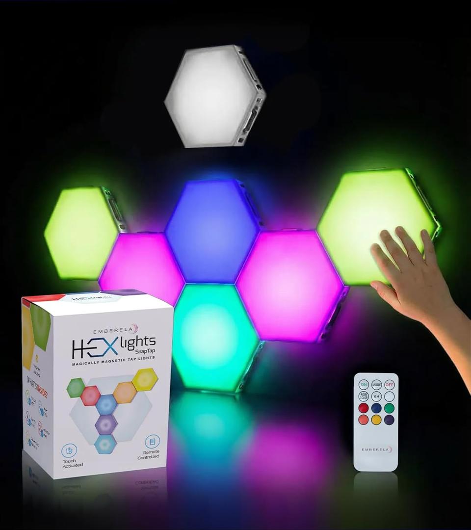 Emberela HEXlights SnapTap 7-pk Tap Tap Sensory Lights - Touch & Remote Controlled Multicolored Magnetic Hexagon Lights - Interactive & Calming Sensory Room lamp for Kids Bedroom