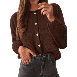 KIRUNDO Womens Cardigans Casual Loose Button Up Long Sleeve Crewneck Knit Cardigan Sweaters Open Front Outerwear Coats (XX-Large, Brown)