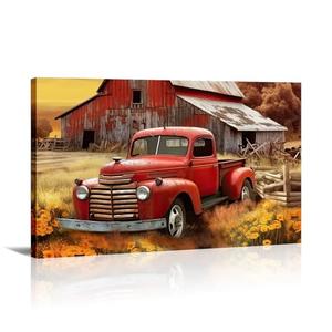 Farmhouse Canvas Wall Art Rustic Old Truck with Barn Picture Print Country Landscape Painting Vintage Artwork for Living Room Bathroom Home Office Decor Framed(Art-5,16.00"x24.00")