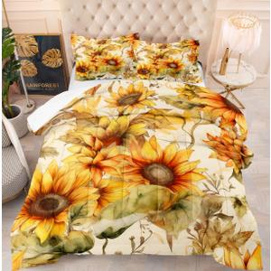 Sunflower Comforter Set Yellow Summer Printed Quilt Bedding Set with 1 Comforter and 2 Pillow Covers for Bedroom Dormroom All Season Queen 90x90inches