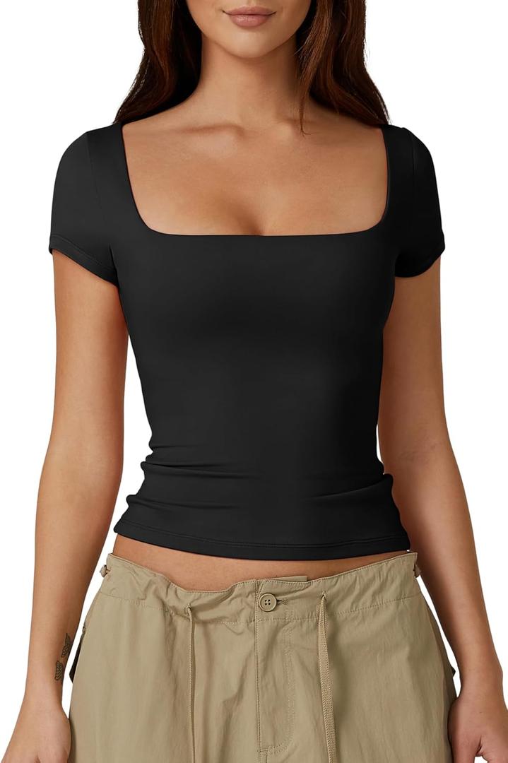 QINSEN Women's Square Neck Short Sleeve Double-Layer Tops Basic Slim Fit Going Out T Shirt (X-Large, Black)