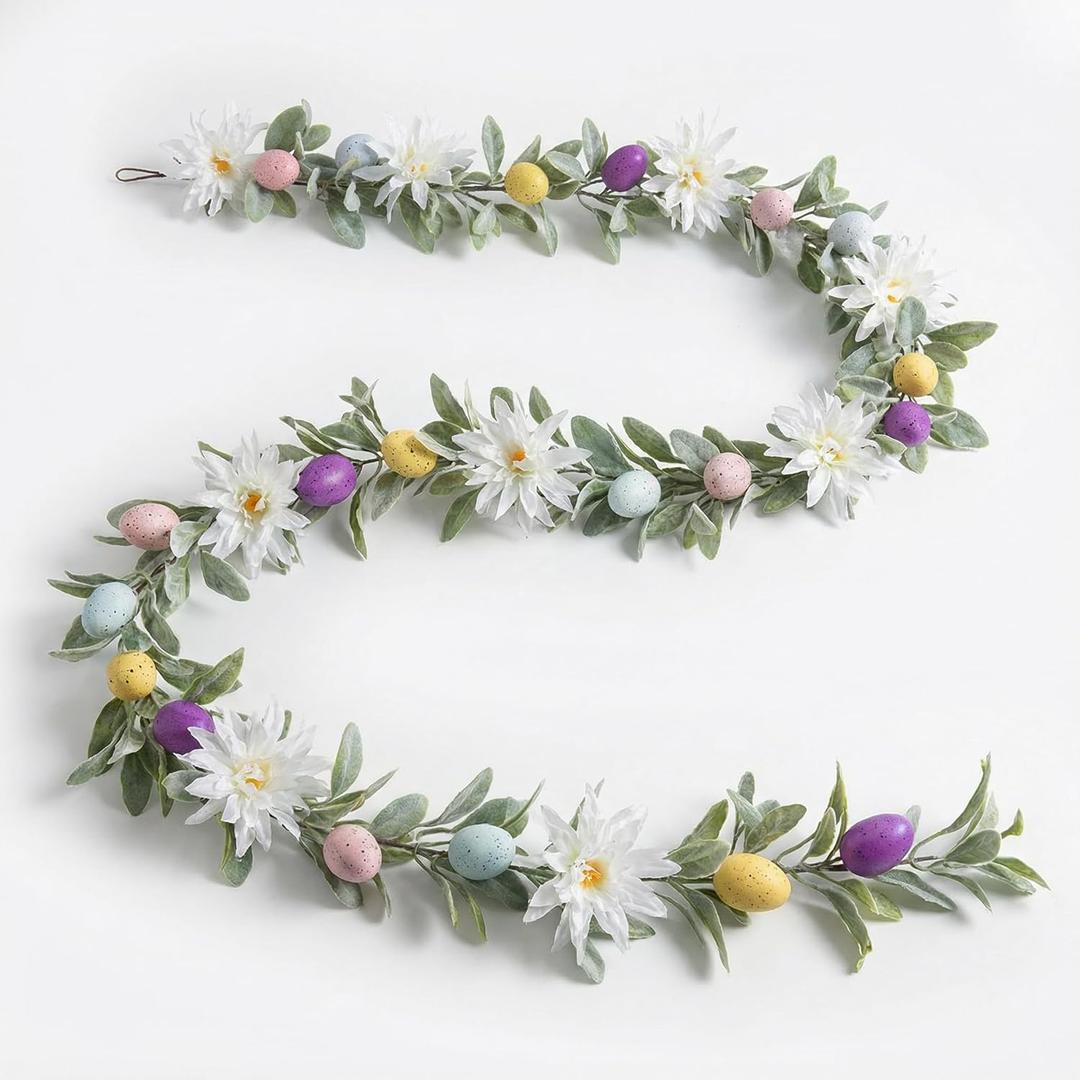2 x Easter Egg Garland 6Ft Pastel Artificial Floral Garland with Lamb Ears Leaves and Spring Berries for Mantle Fireplace Window Wall Indoor Easter Decor