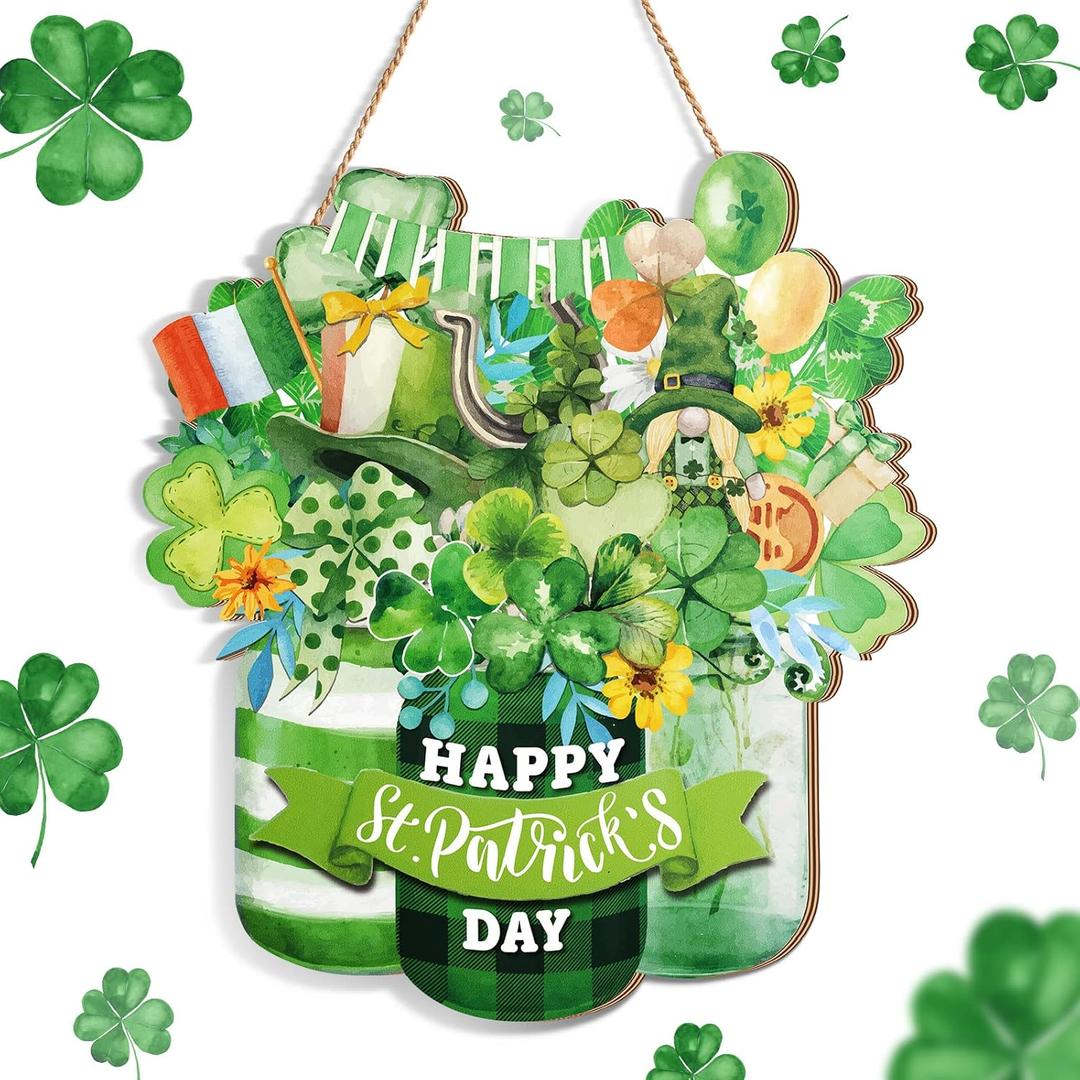 2 x Glenmal St. Patrick's Day Outdoor Decorations Happy Patrick's Day Door Sign Wooden Irish Door Hanger Classic Green Shamrock Wooden Sign for Farmhouse Porch Front Door Outdoor Home Decor