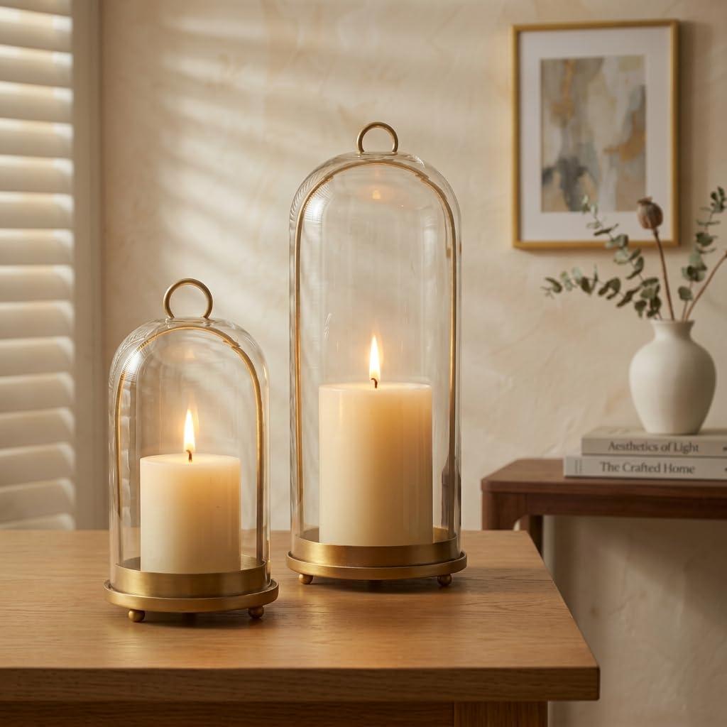 Hurricane Glass Candle Holders Set (5.1"11.2" & 4.3"7.7"), Metal Candle Holder with Hook Chains, Handmade Cloche Glass Dome & Antique Brass Candle Holder, for Pillar Candles, Floral Arrangements